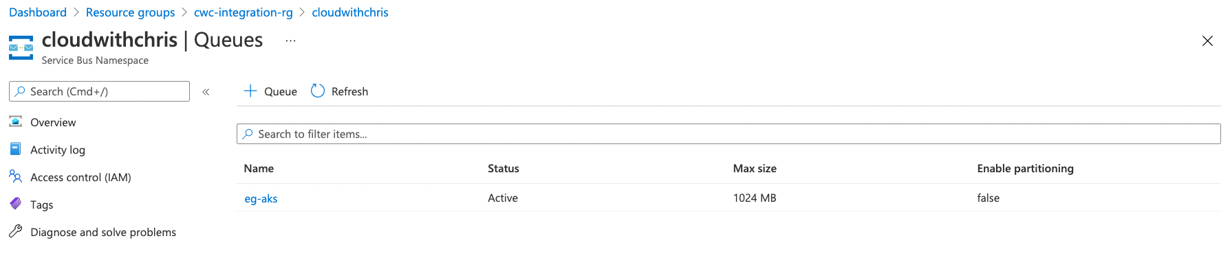 Screenshot showing a Service Bus Queue called eg-aks in the cloudwithchris Service Bus Namespace