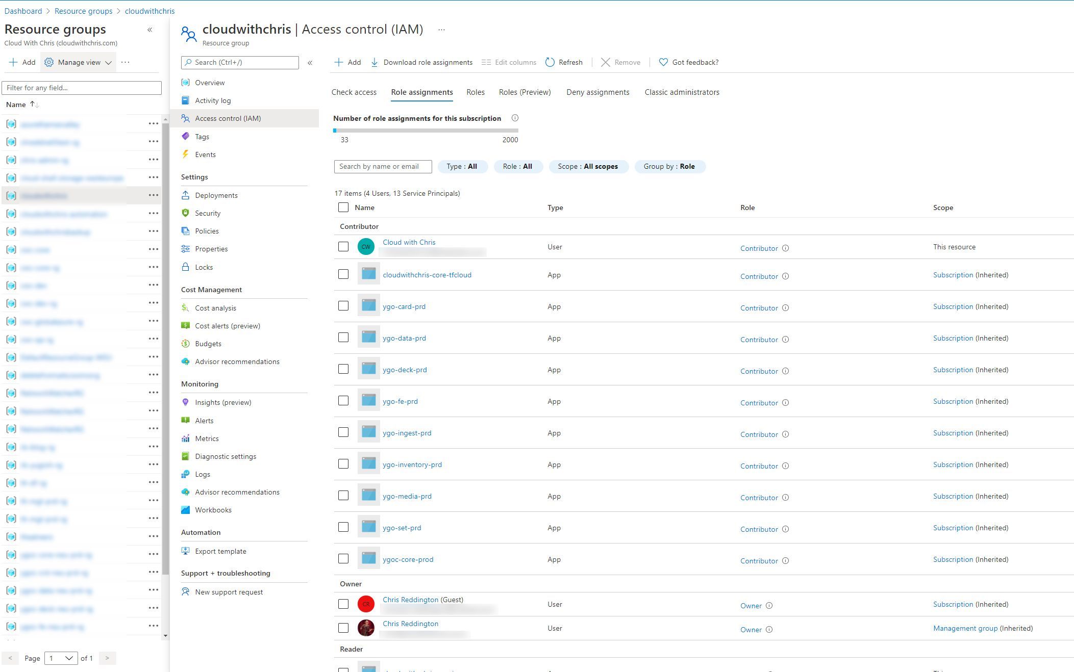 Example of Role Assignments for Azure RBAC at a Resource Group Level