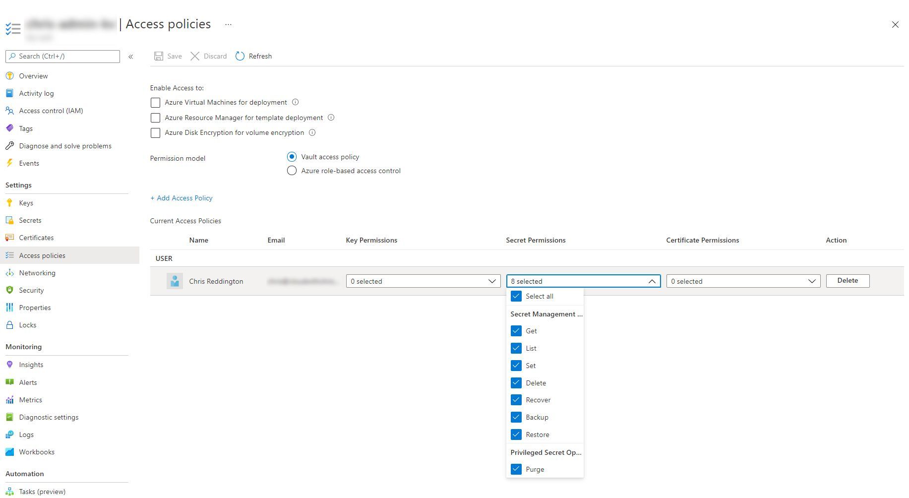 Access Policies in Azure KeyVault