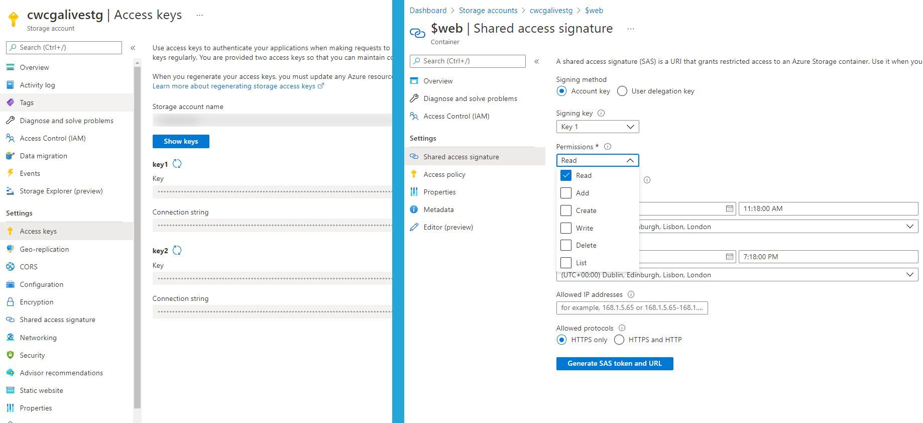 Storage Account - Access keys or Shared Access Signature options