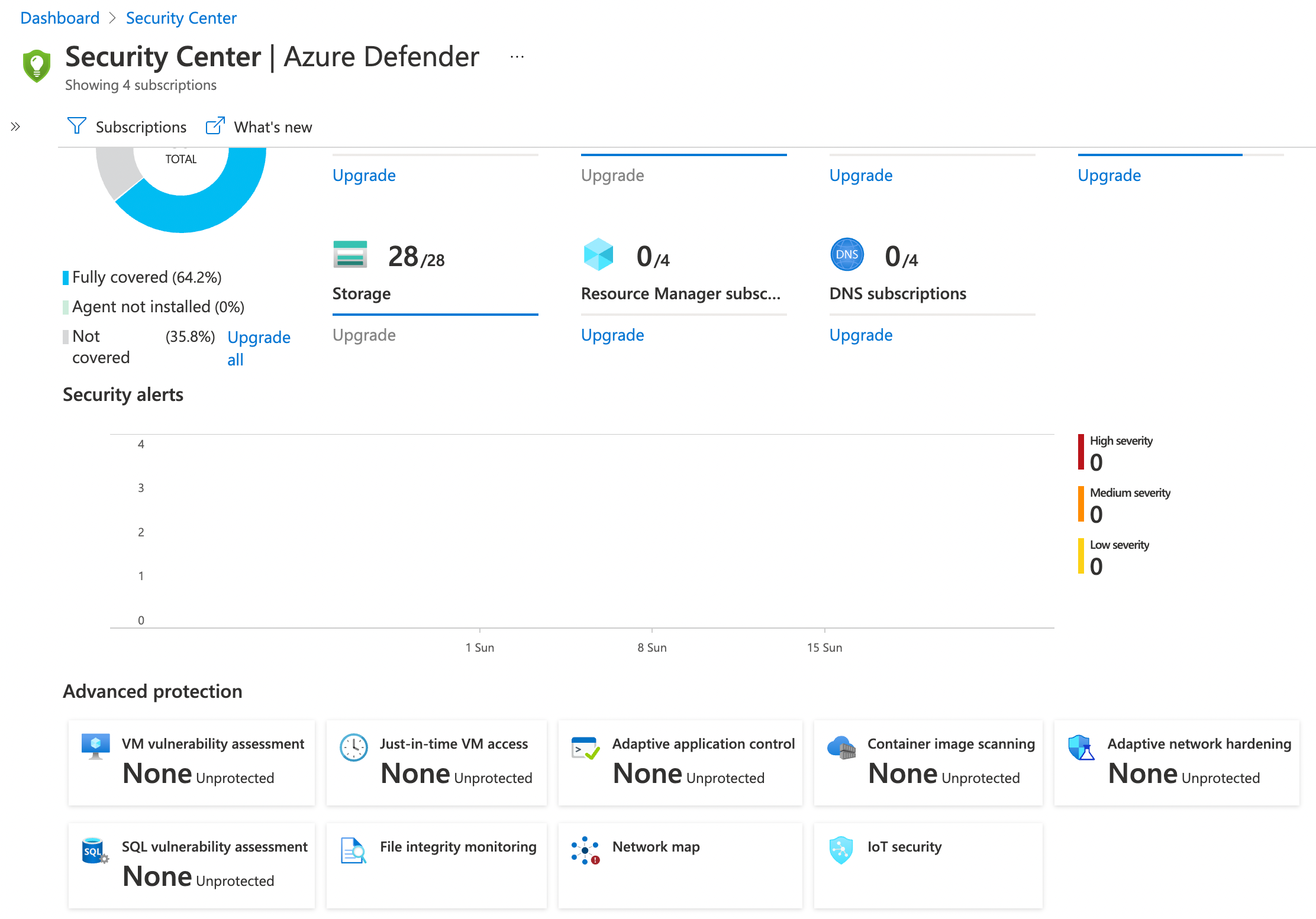 Screenshot showing several Azure Defender Advanced Protection options including VM vulnerability assessment, Just-in-Time VM Access, Adaptive Application Control, Container Image Scanning, Adaptive network hardening, SQL vulnerability assessment, File integrity monitoring, Network map and IoT Security)