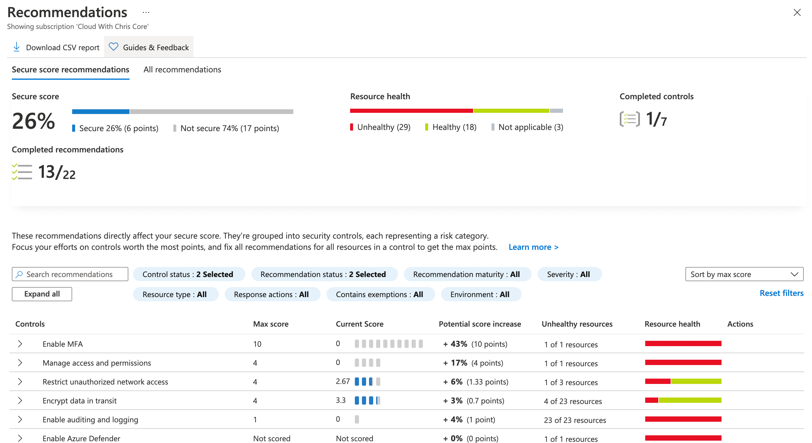 Screenshot showing the recommendations page of Azure Security Center