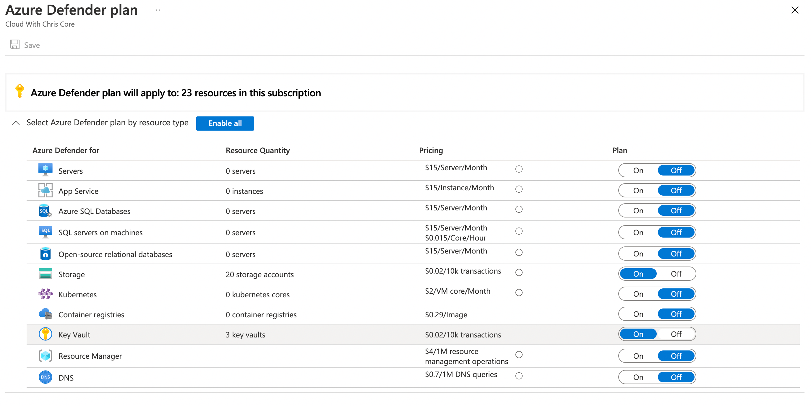 Screenshot showing the opt-in by service basis within a subscription