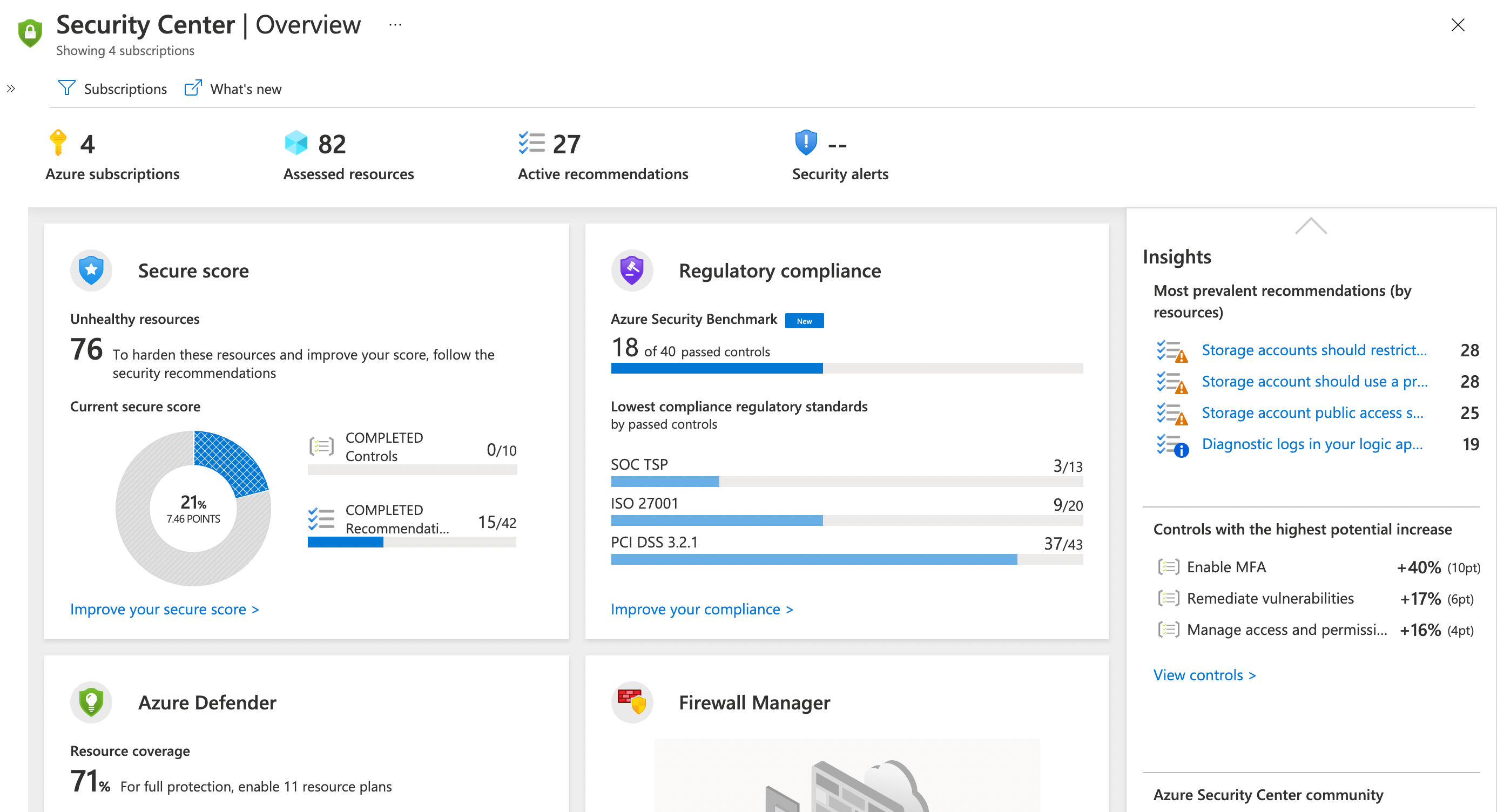 Screenshot showing the overview pane of Azure Security Center