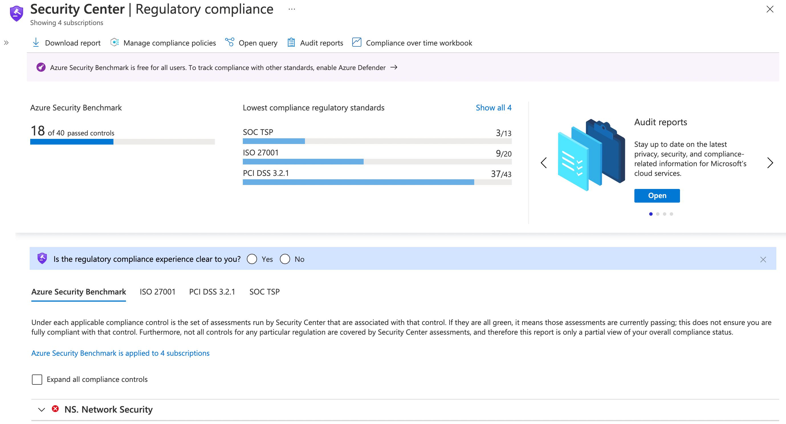 Screenshot showing the regulatory compliance blade of Azure Security Center