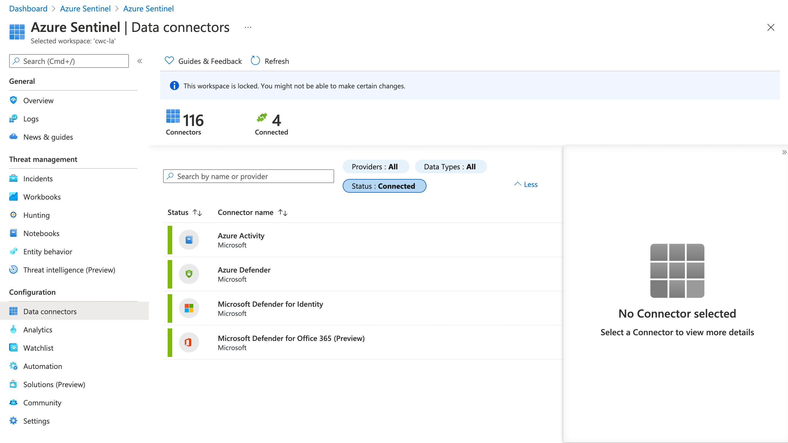 Screenshot showing Azure Sentinel Connectors which have been turned on in a Cloud With Chris workspace