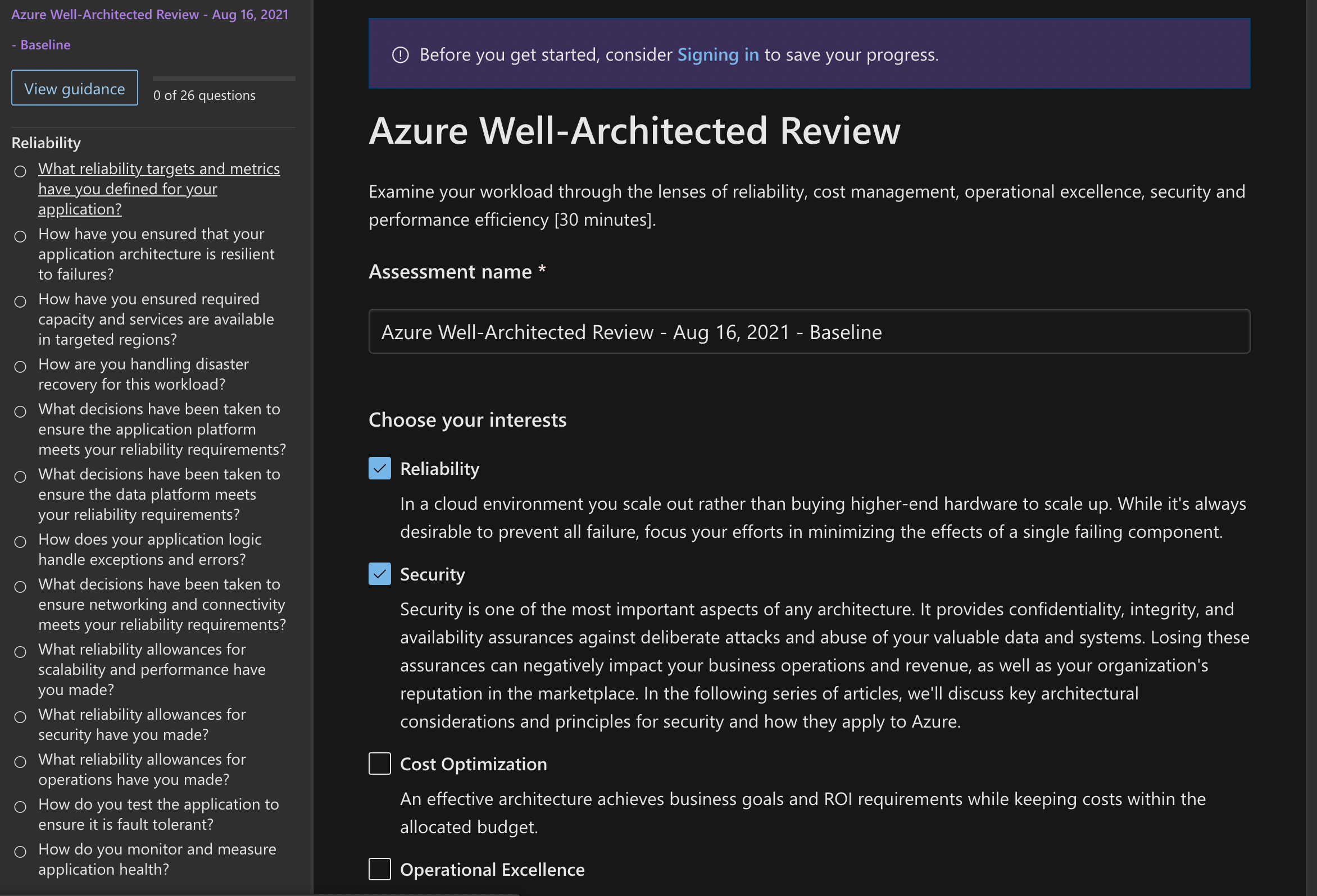 Screenshot showing an example Azure Well-Architected Framework assessment