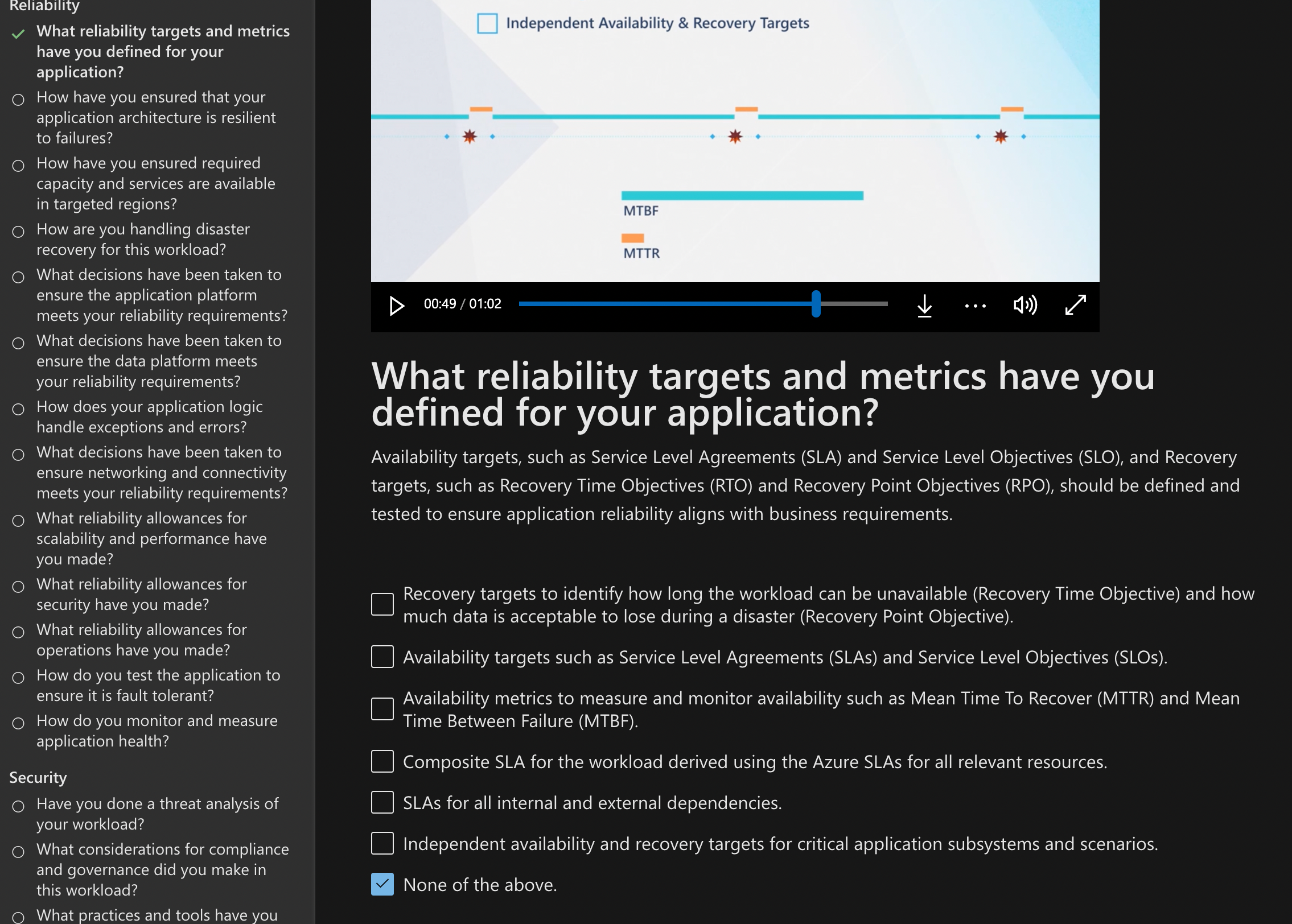 Screenshot showing an example question from the Azure Well-Architected Framework assessment