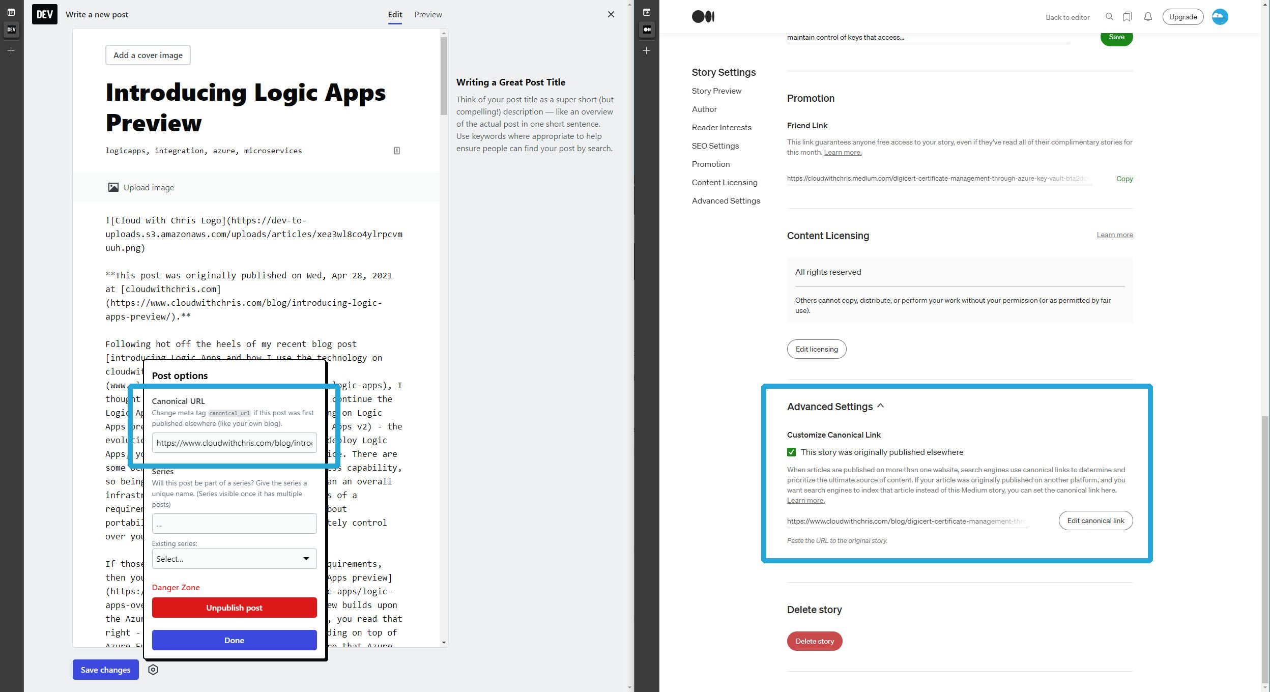 Setting the Canonical URL in medium.com and dev.to