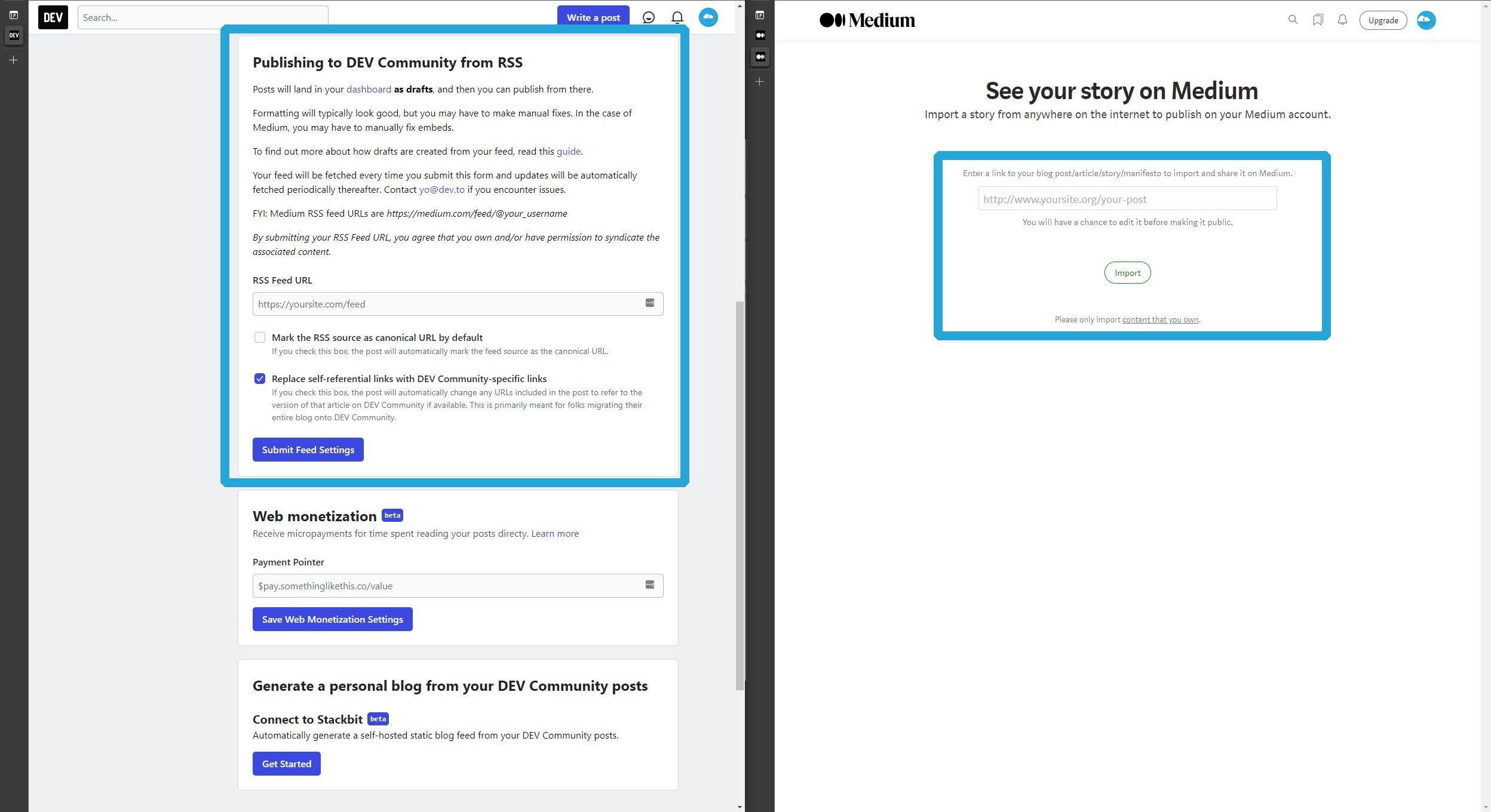 Examples of importing the content into medium.com and dev.to