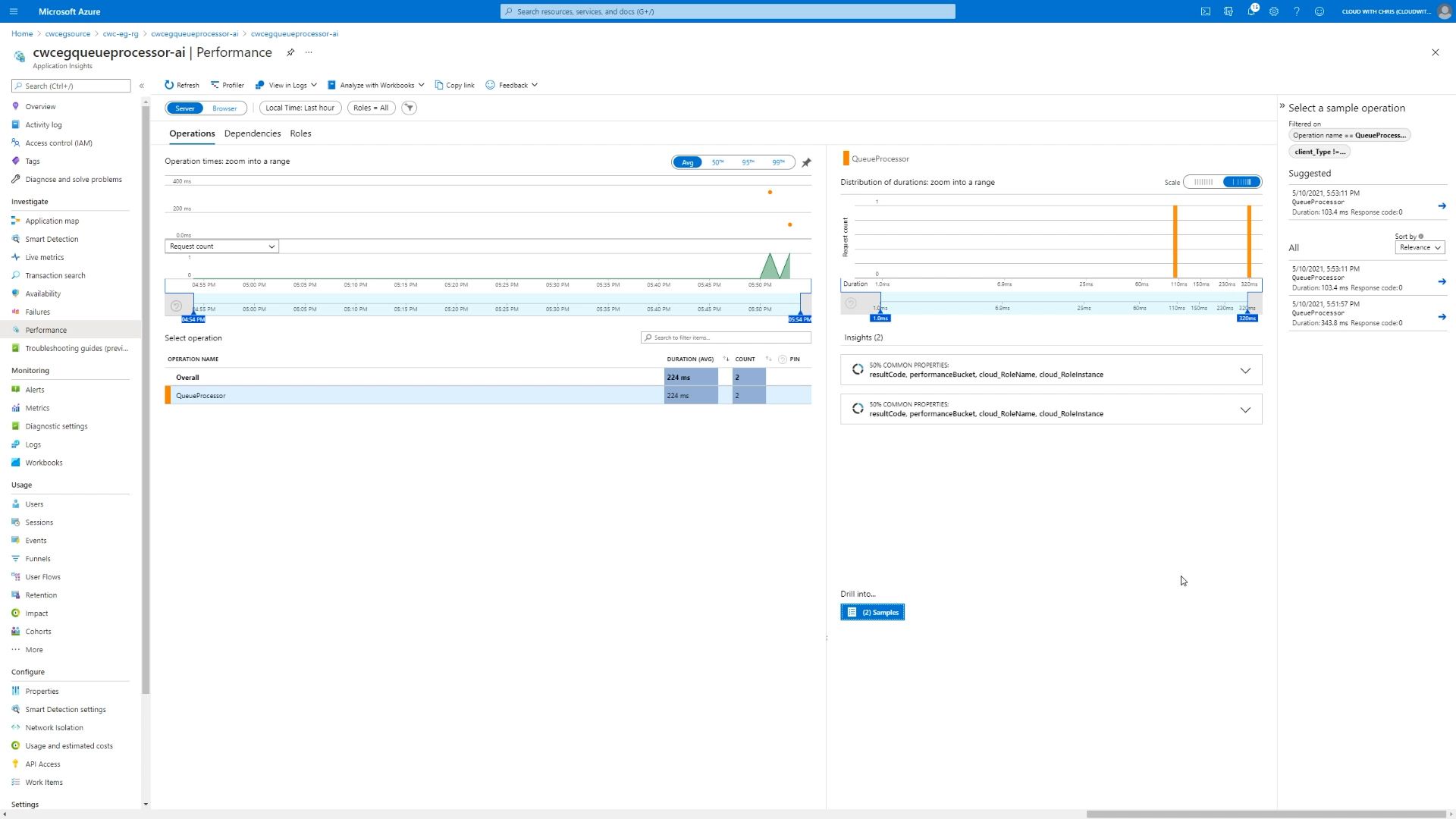 Screenshot showing the Azure Application Insights performance view, showing 2 executions