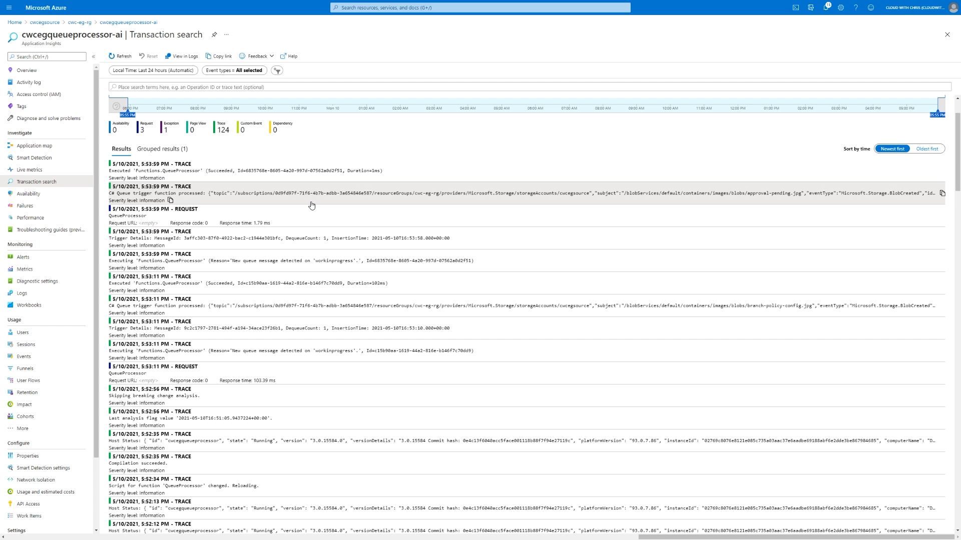 Screenshot showing the Azure Application Transaction search view, showing logs outputted from the Azure Function