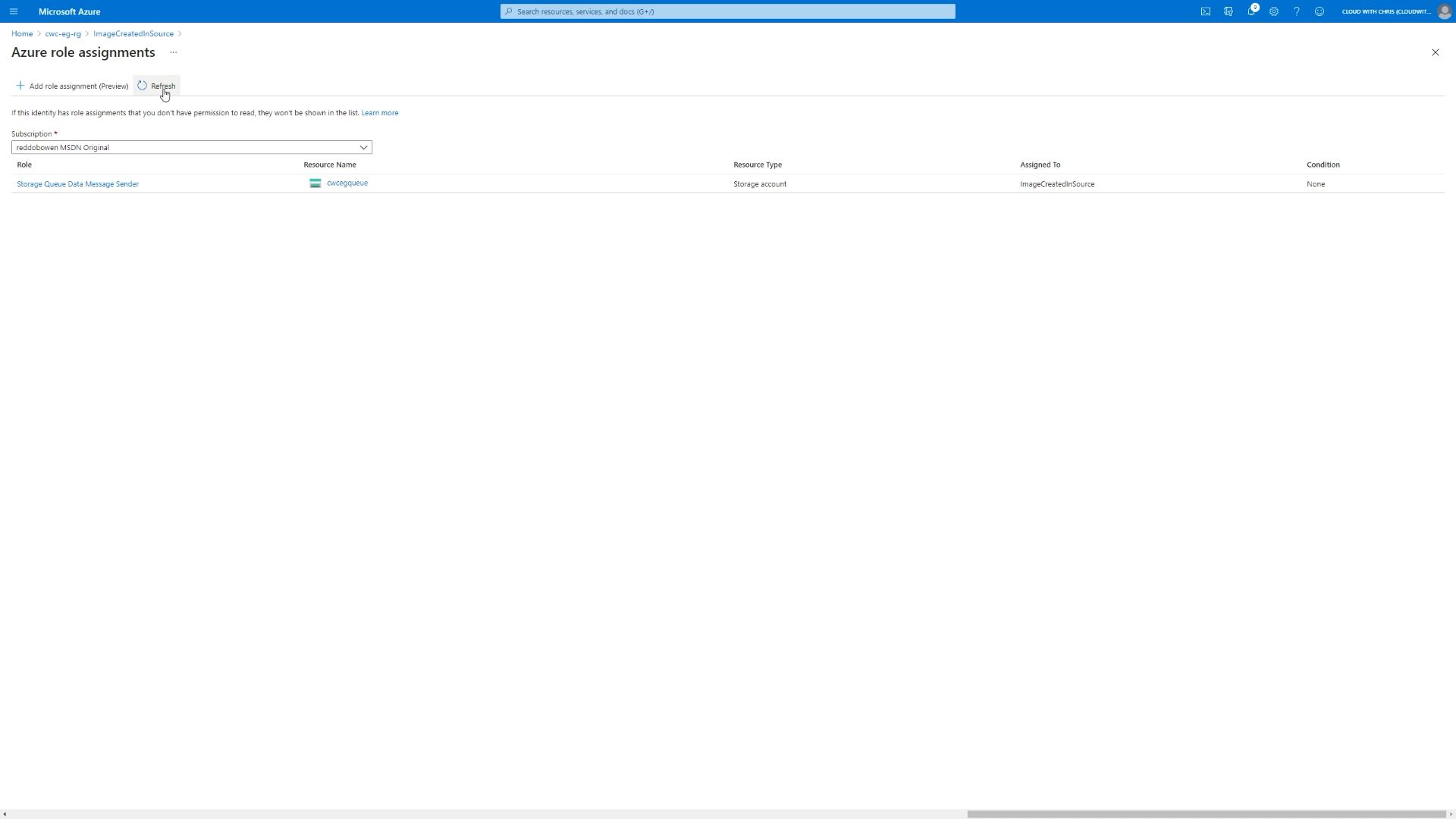 Screenshot showing Storage Queue Data Message Sender permission was assigned to the Event Grid System Topic