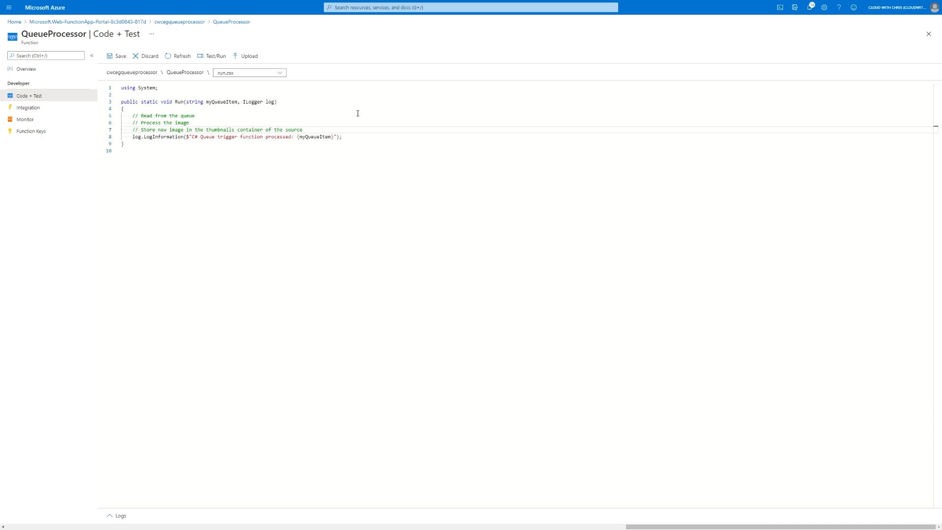 Screenshot showing the code for the Azure Function