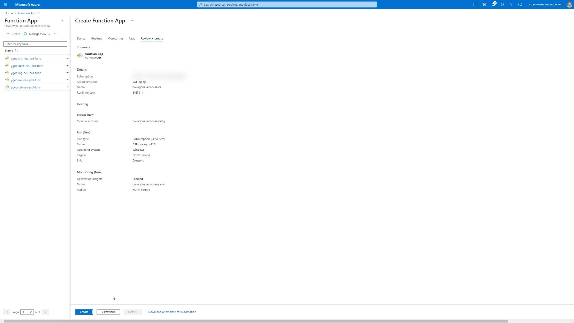 Screenshot showing the Azure Function Creation output