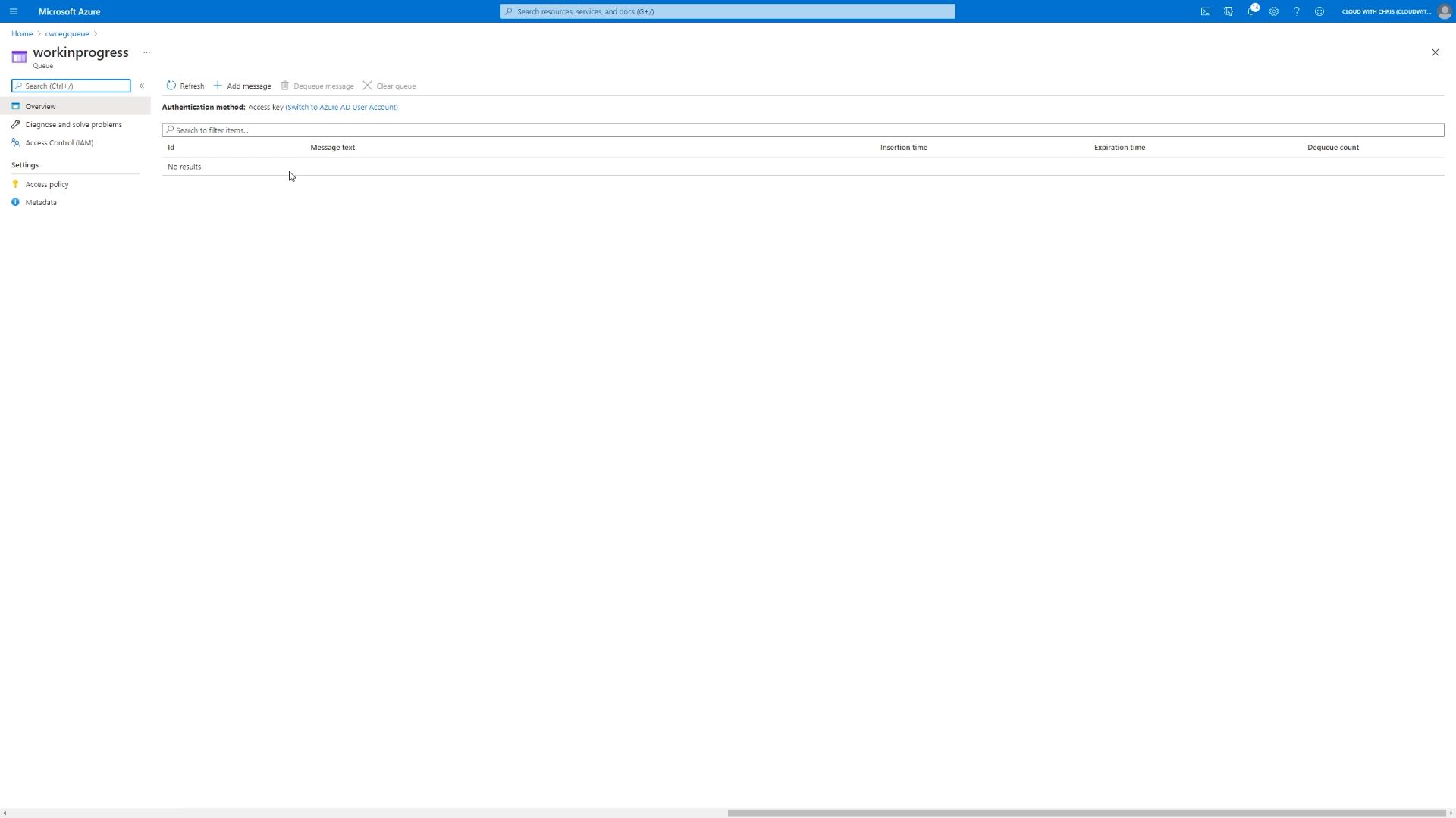 Screenshot showing zero messages contained in the Azure Storage Queue