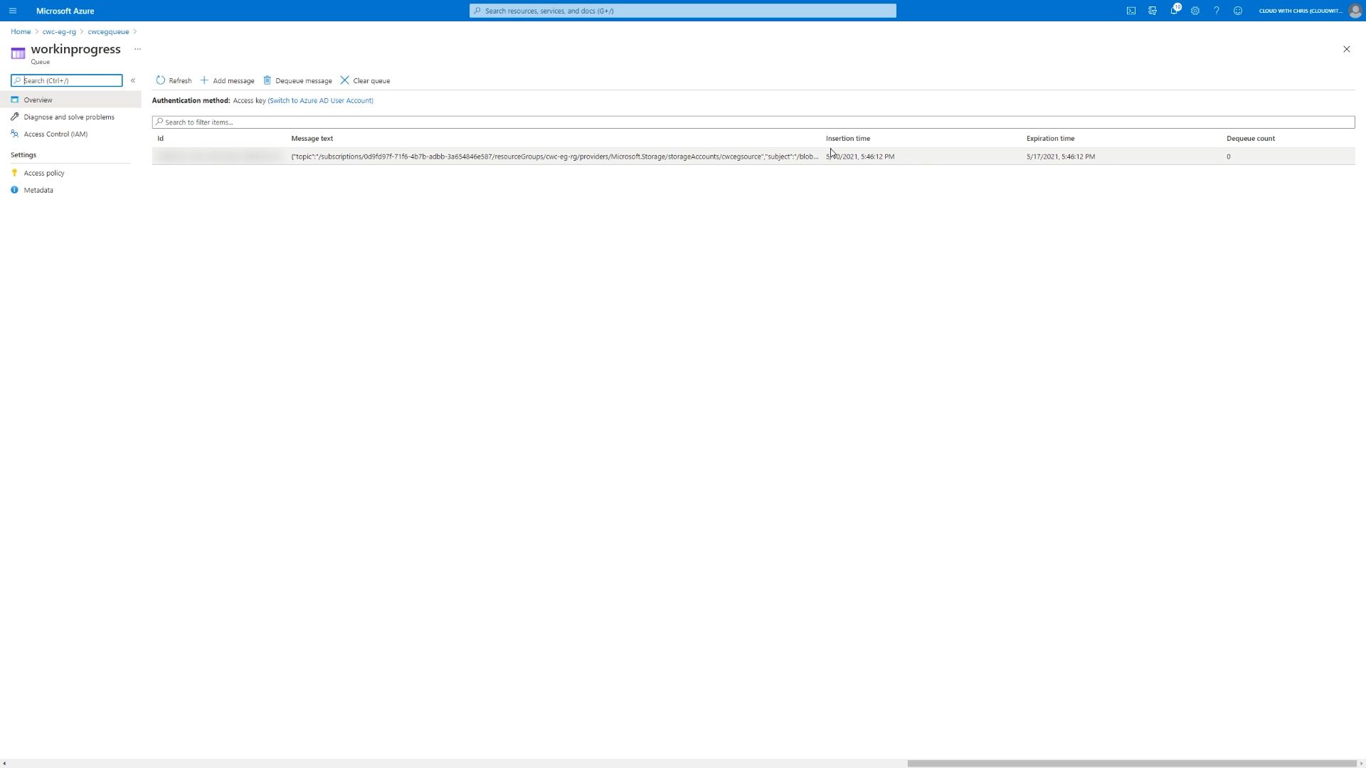 Screenshot showing a single message contained in the Azure Storage Queue