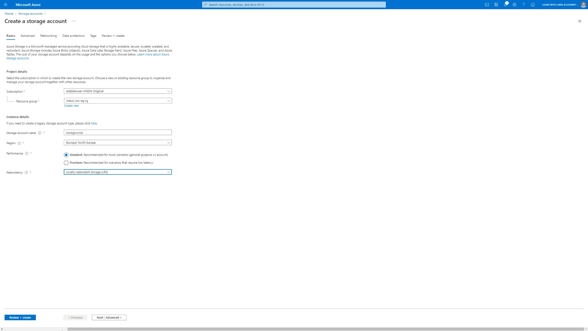 Screenshot showing the Source storage account Creation process