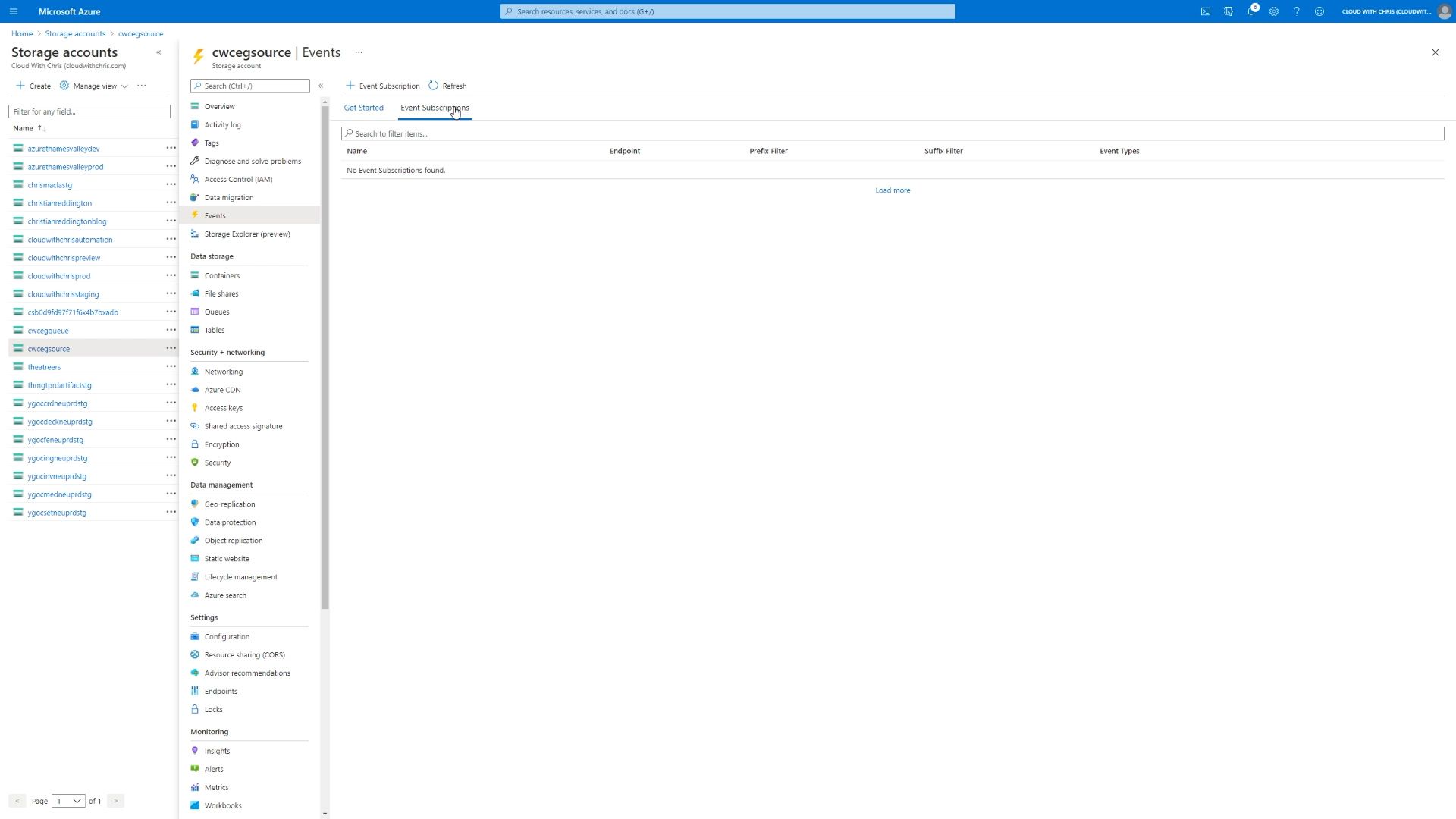Screenshot showing the events section of the source storage account