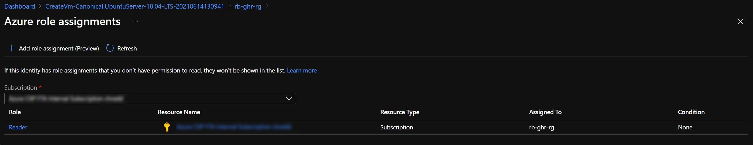 Screenshot showing that Reader level subscription access has been granted to the Azure Virtual Machine Screenshot showing that Reader level subscription access has been granted to the Azure Virtual Machine