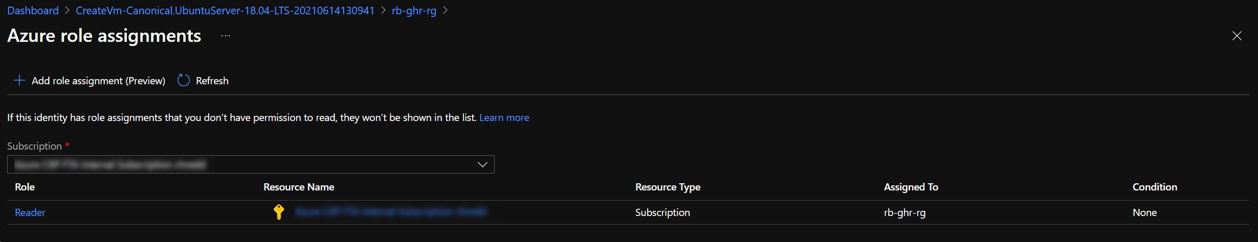 Screenshot showing that Reader level subscription access has been granted to the Azure Virtual Machine