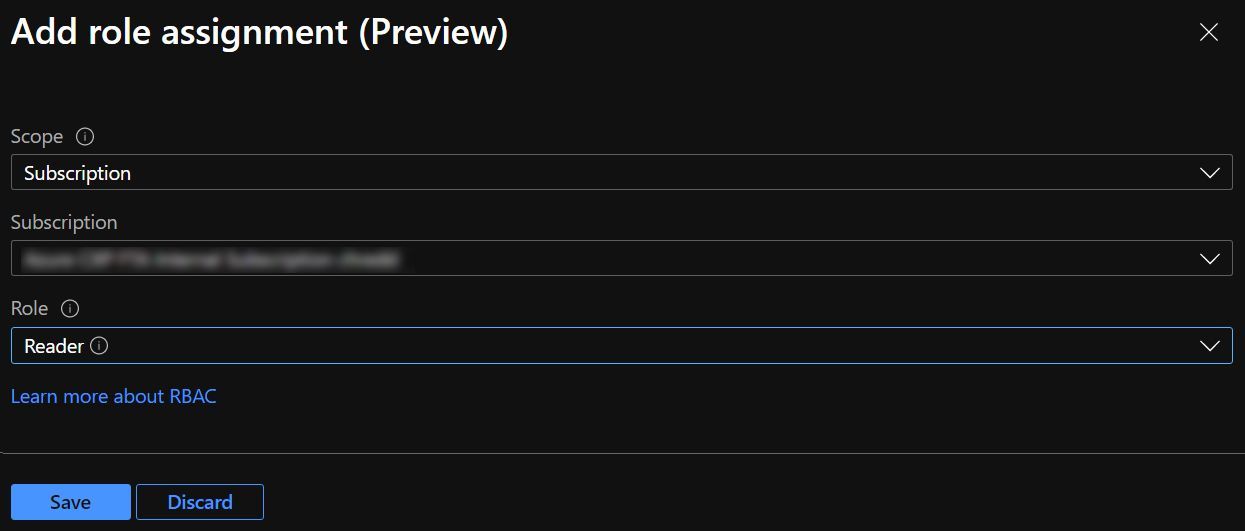 Screenshot showing that Reader level subscription access has been granted to the Azure Virtual Machine