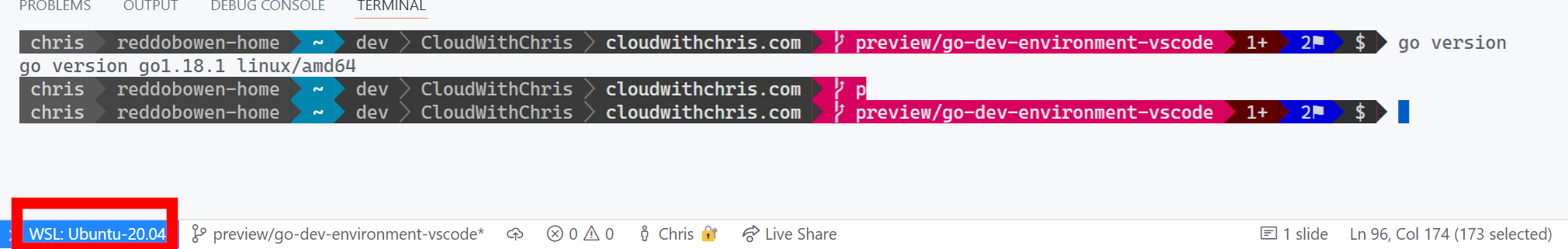 Screenshot showing the indicator in the bottom left hand corner that Visual Studio Code is connected to the Ubuntu-20.04 distribution on Windows Subsystem for Linux