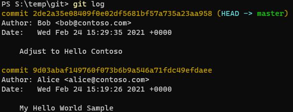 Git log showing Alice and Bob's commits