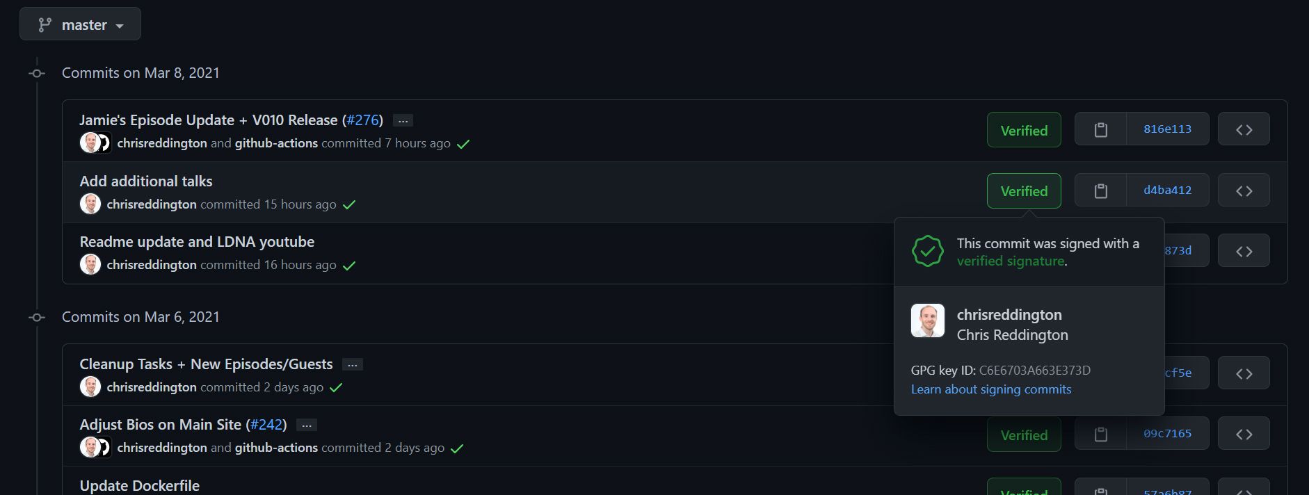 GitHub showing verified commits in history view