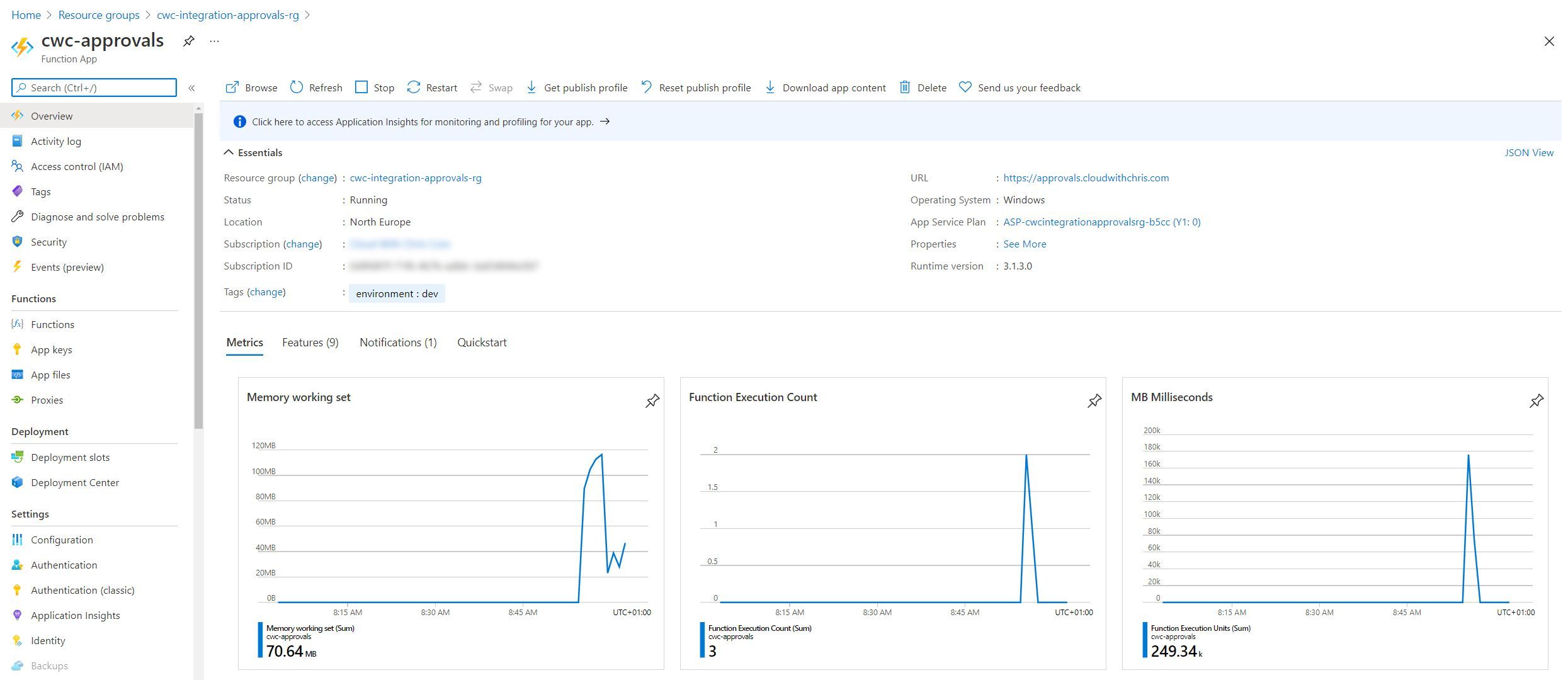 Screenshot showing the Azure Function is based on the serverless plan.
