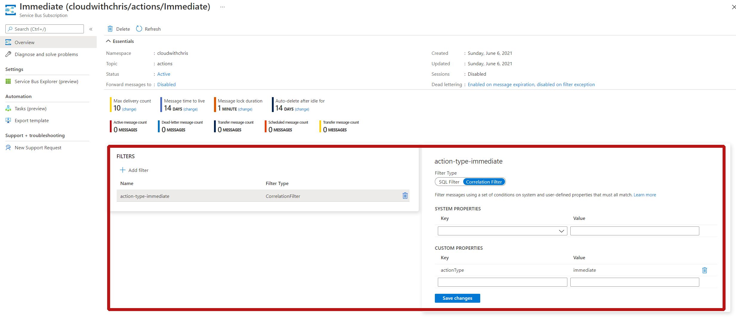 Screenshot a filter on one of the Azure Service Bus Topic/Subscriptions