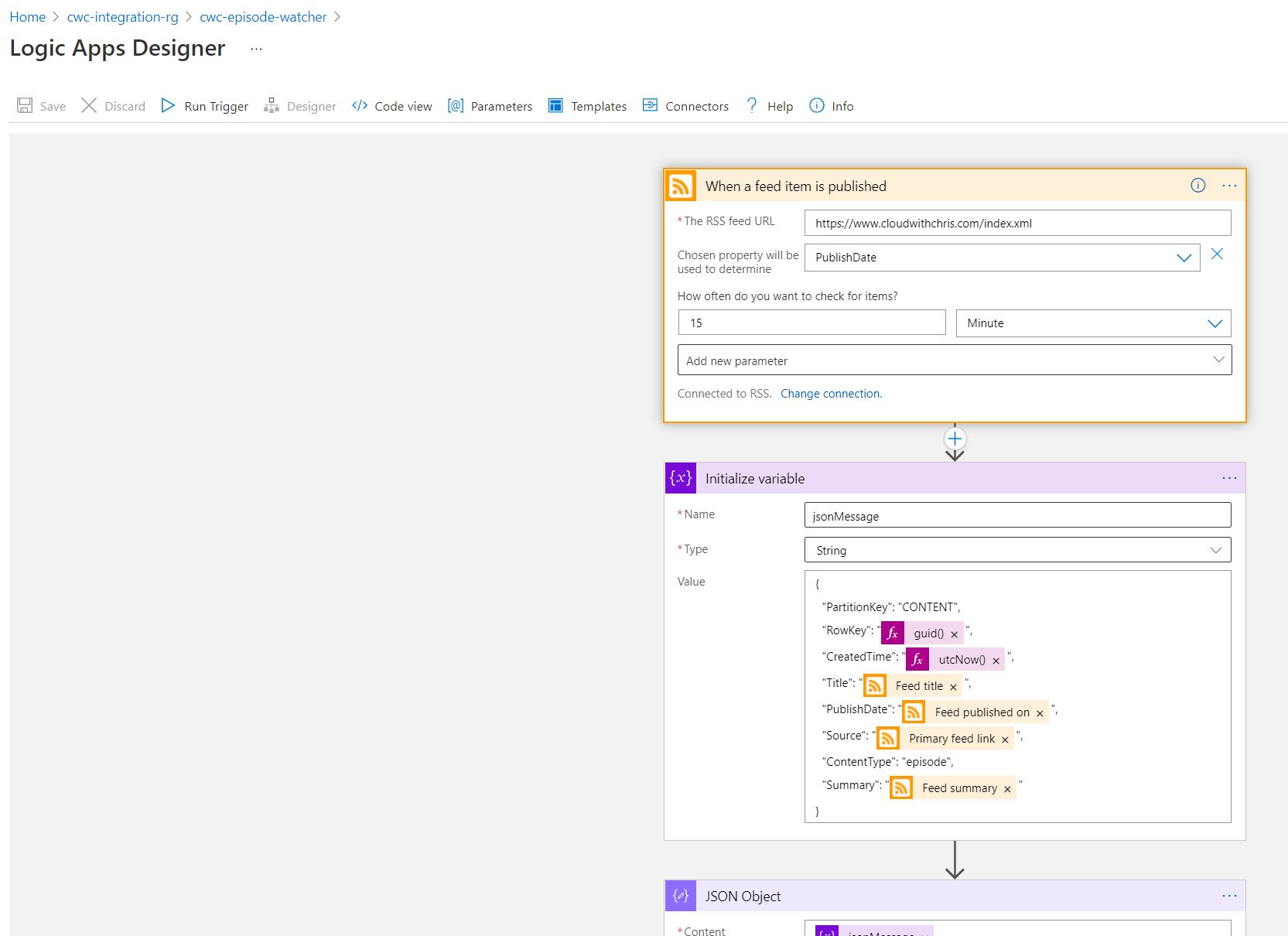 Screenshot showing a Logic App with an RSS feed Publish Trigger, Initialise Variable Task and JSON Object task