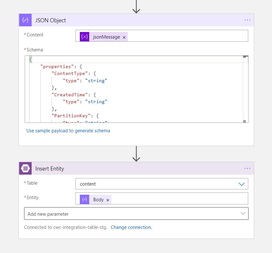 Screenshot showing a Logic App JSON Object task and Insert Entity to Table Storage Task