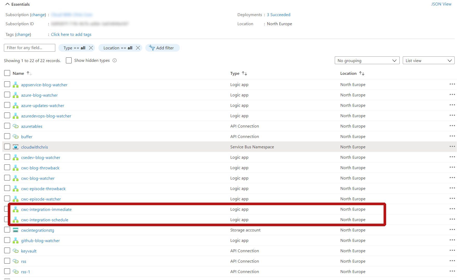 Screenshot showing a list of Azure Logic Apps in a Resource Group. Two are highlighted (cwc-integration-immediate and cwc-integration-schedule), which are Logic Apps used in the processing phase