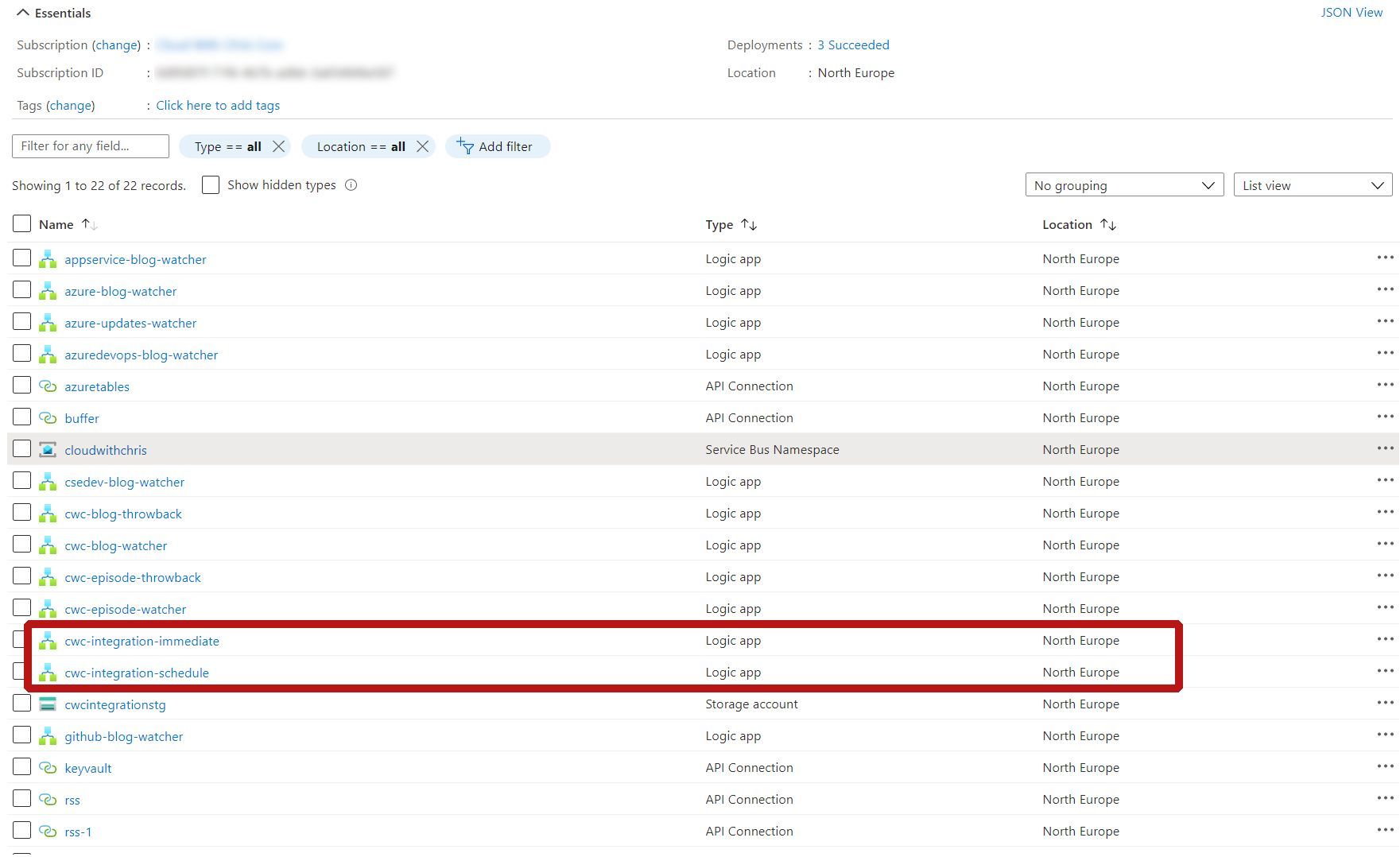 Screenshot showing a list of Azure Logic Apps in a Resource Group. Two are highlighted (cwc-integration-immediate and cwc-integration-schedule), which are Logic Apps used in the processing phase