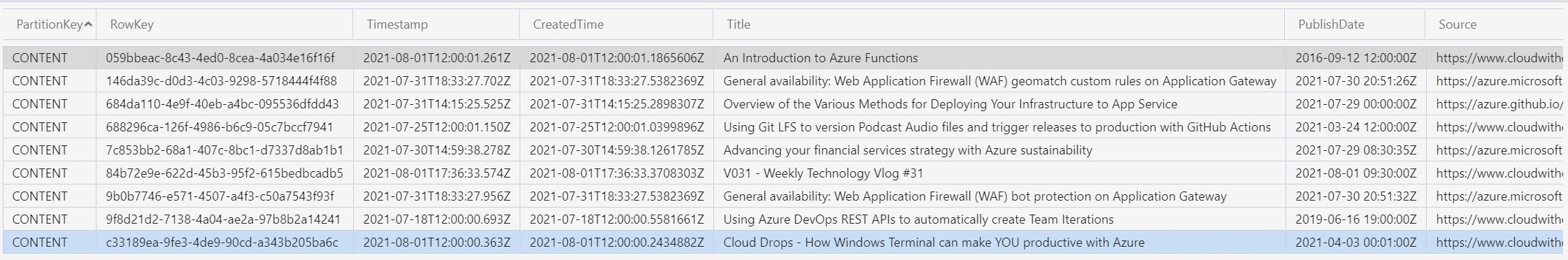 Screenshot showing several records in Azure Table Storage with the same PartitionKey and different RowKey