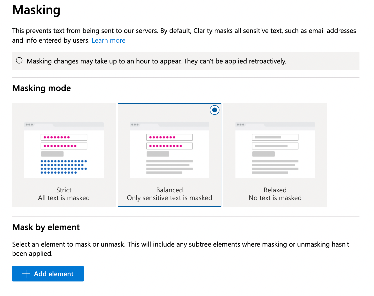 Screenshot showing the masking options within Microsoft Clarity