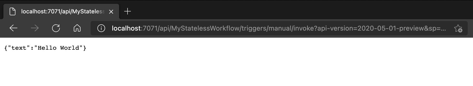 Screenshot of the Logic Apps endpoint returning a HTTP 200 response with JSON Object