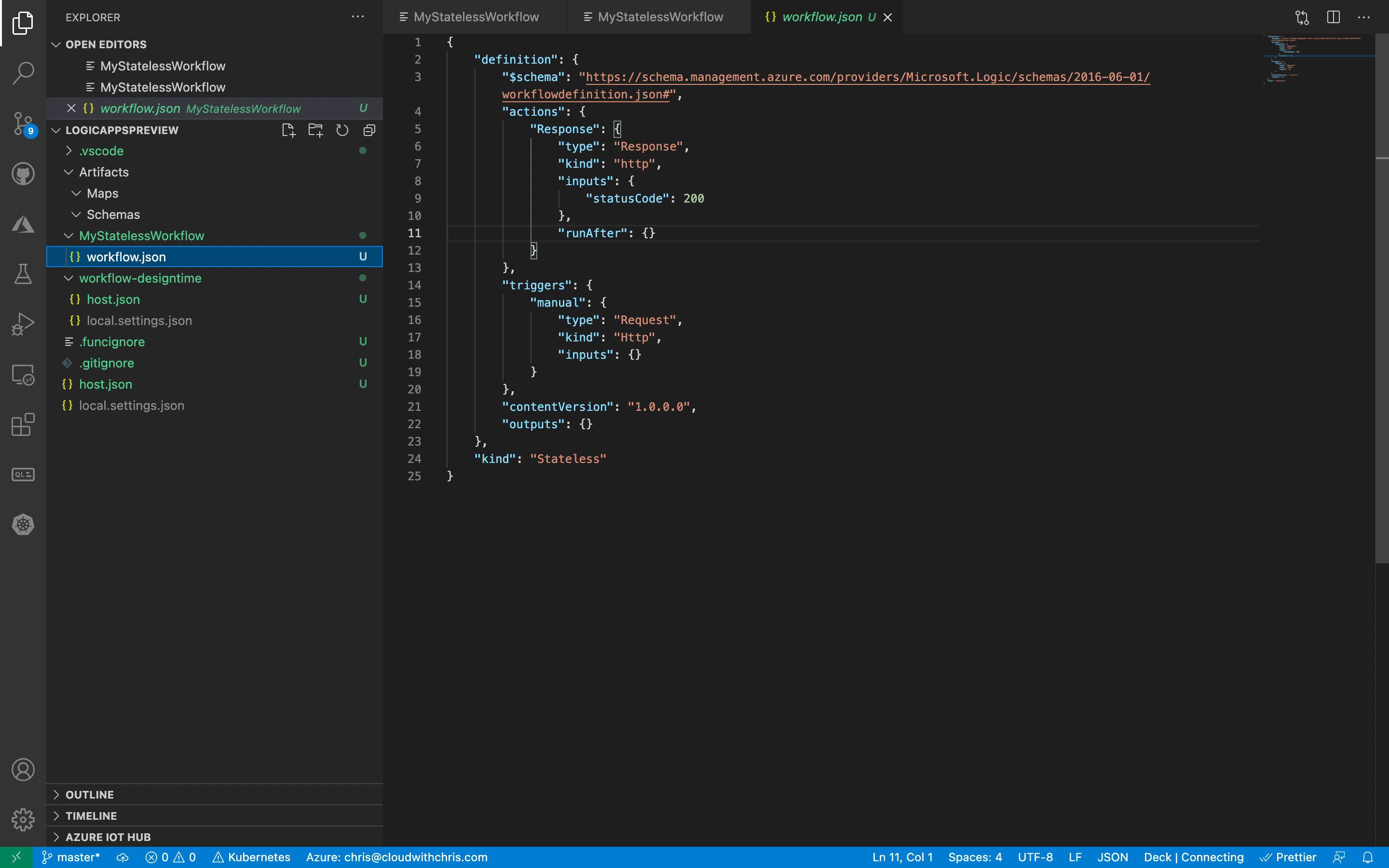 Screenshot of the Logic Apps Preview in VSCode with the workflow.json code for a HTTP Request Trigger and an HTTP Response