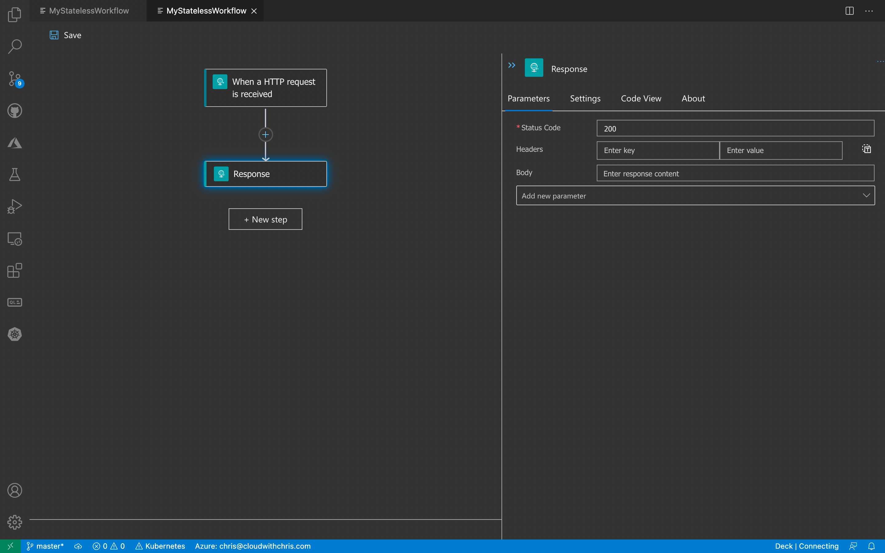 Screenshot of the Logic Apps Preview Designer in VSCode with a HTTP Request Trigger and an HTTP Response