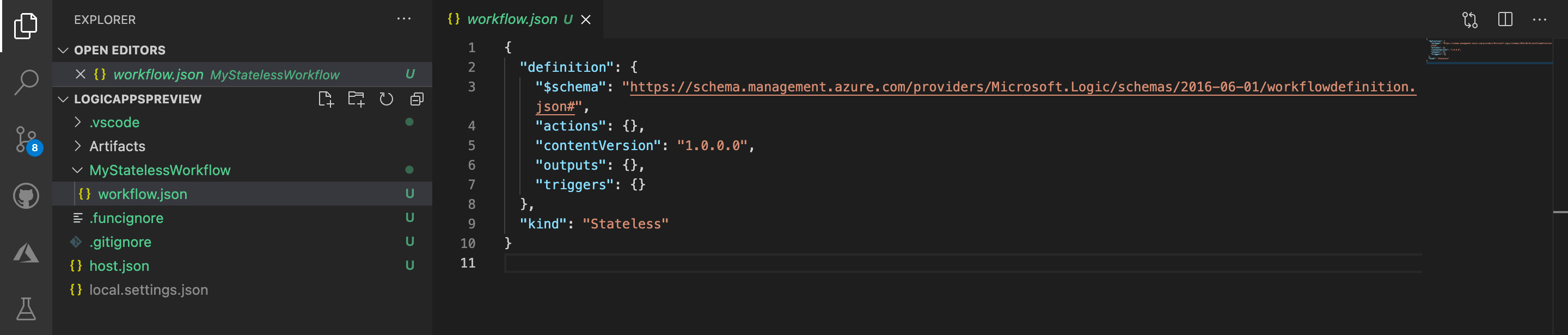 A default Stateless Workflow Project template created in Visual Studio Code