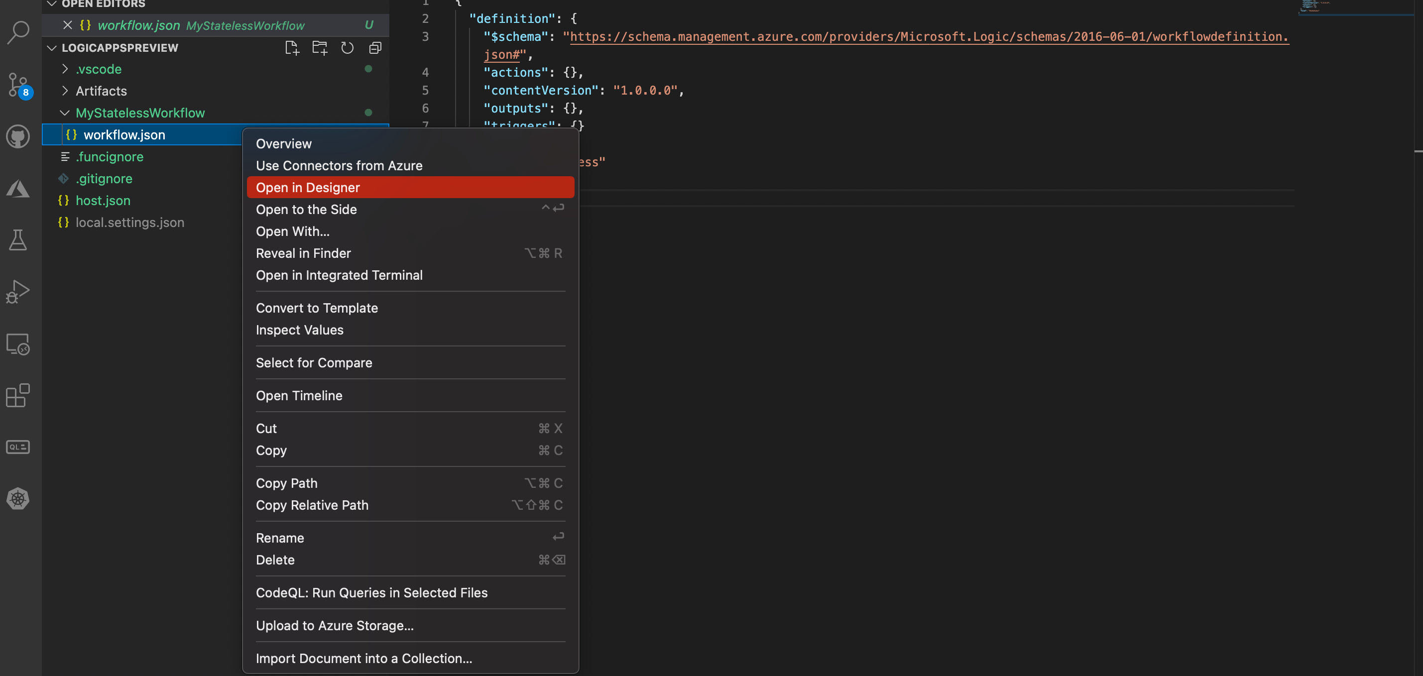 Screenshot showing the menu options when right clicking the workflow.json file