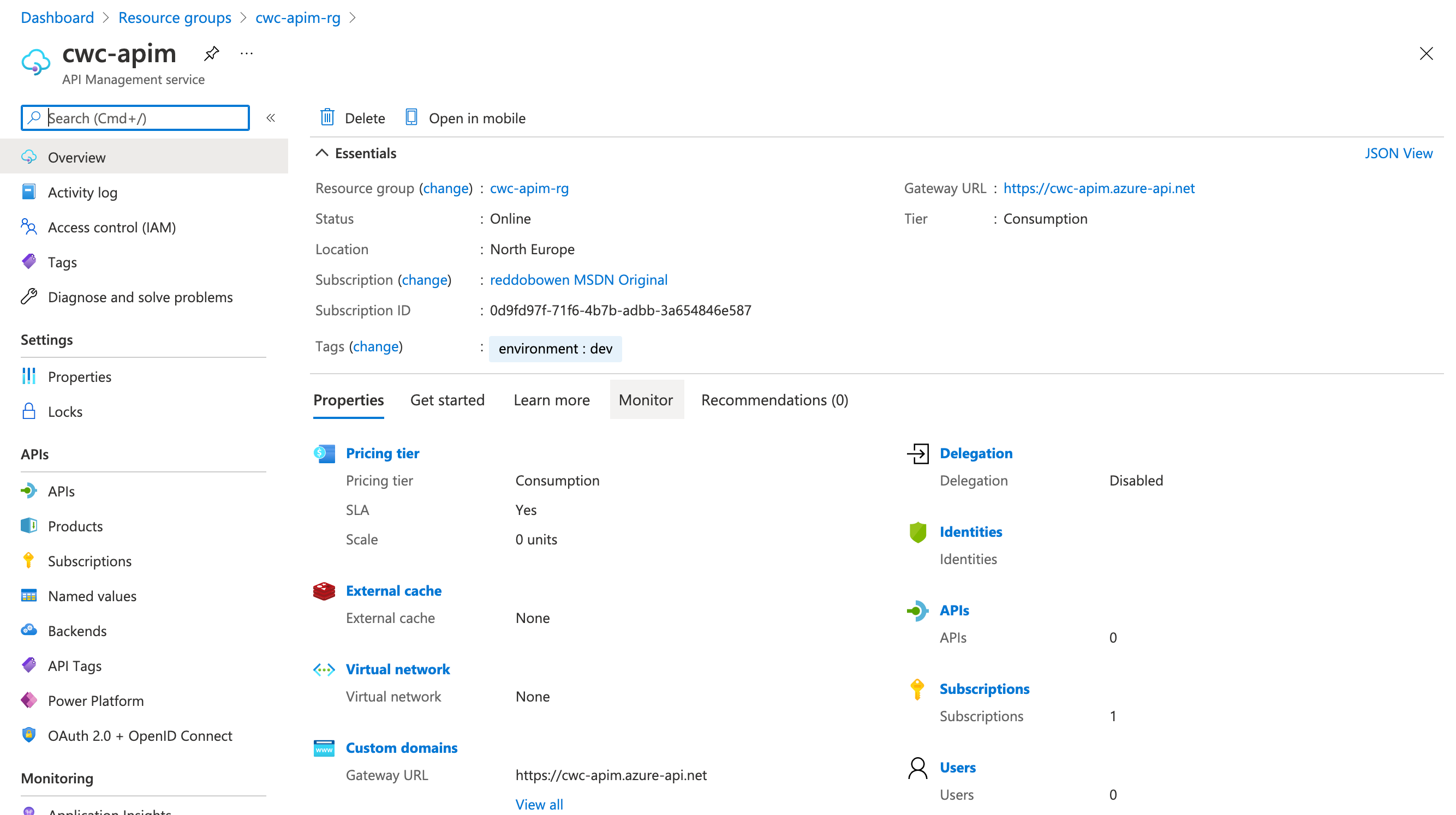API Management Resource in the Azure Portal