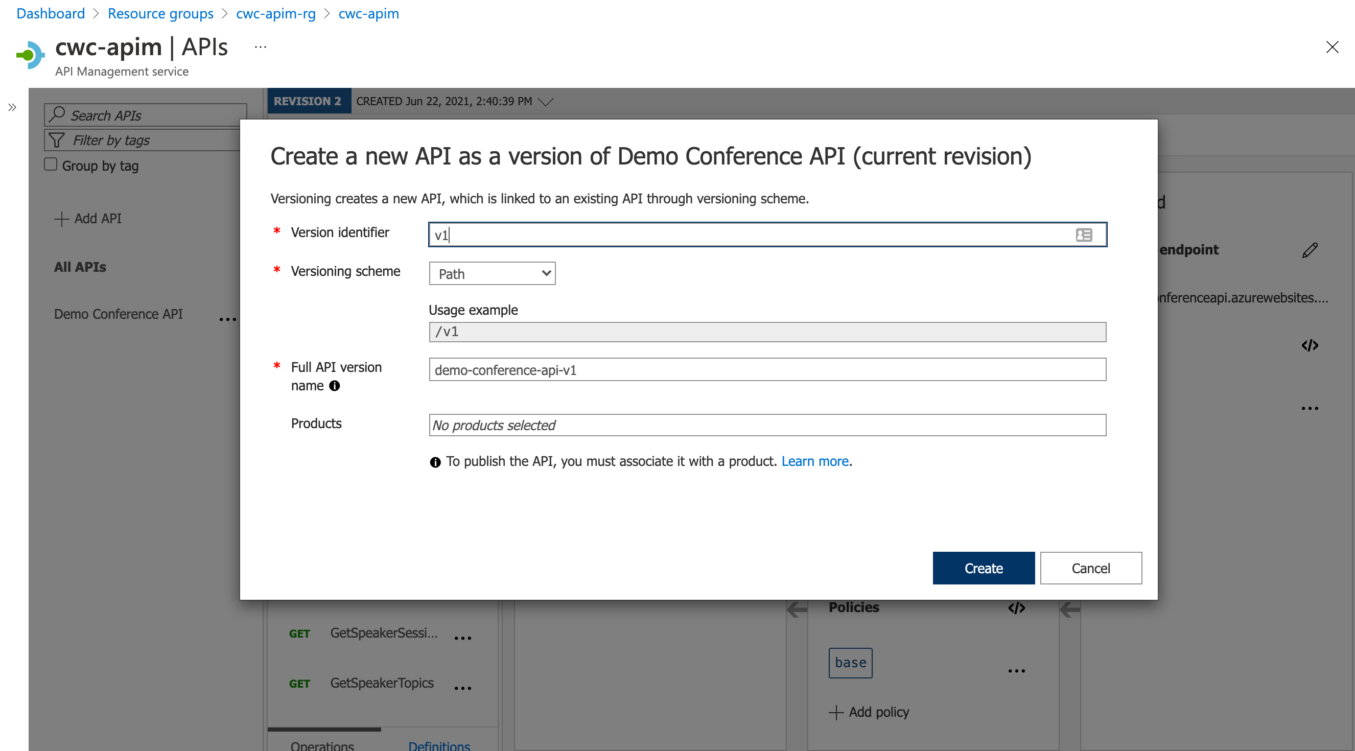 Screenshot showing the creation experience for a new API version