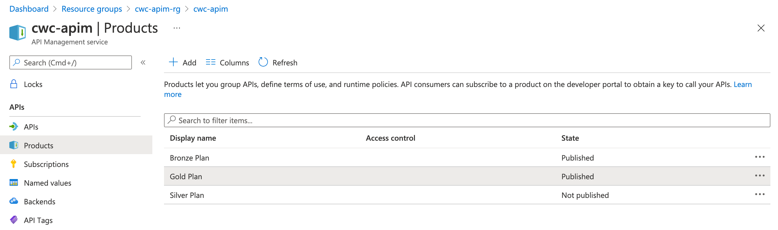 Screenshot showing an example list of products in an API Management instance Screenshot showing an example list of products in an API Management instance