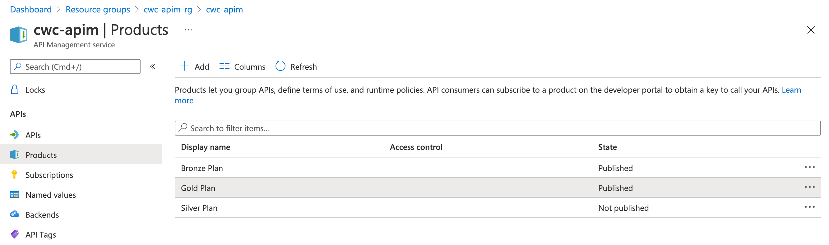 Screenshot showing an example list of products in an API Management instance