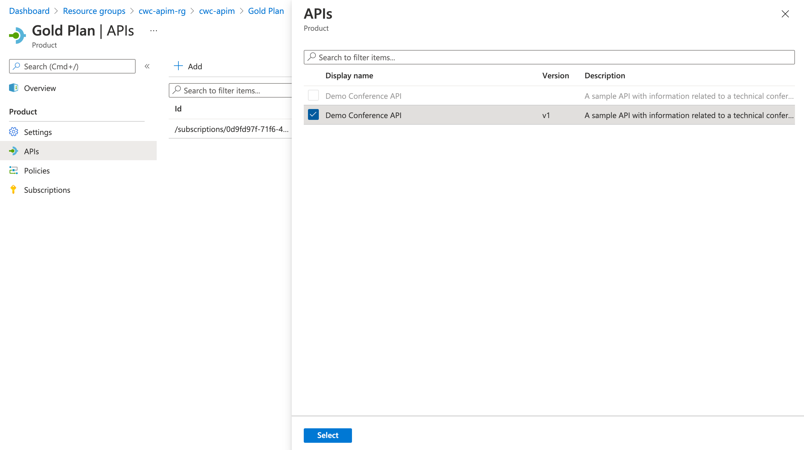 Screenshot showing the APIs being associated to an API Management Product