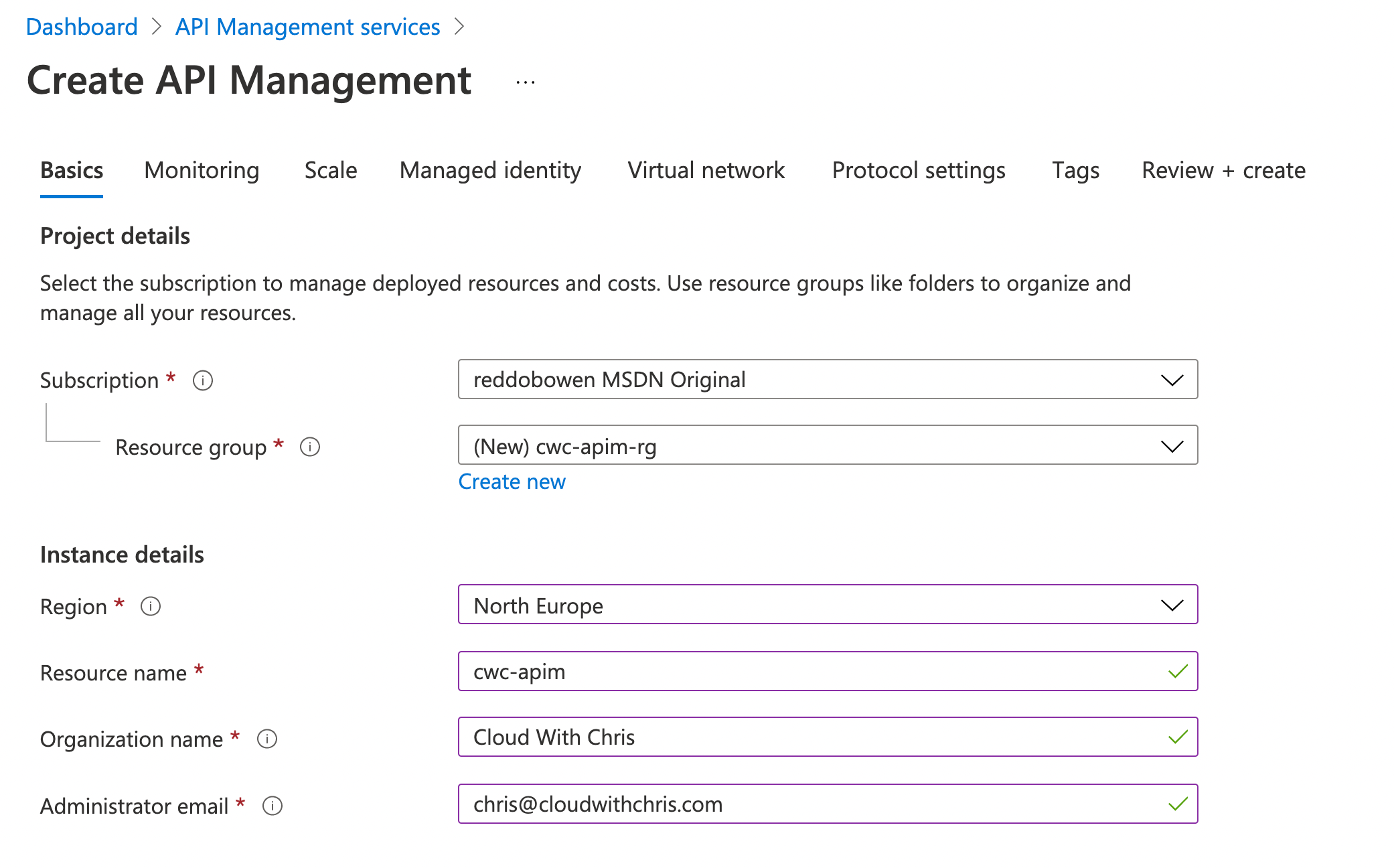 Create an Azure API Management Resource