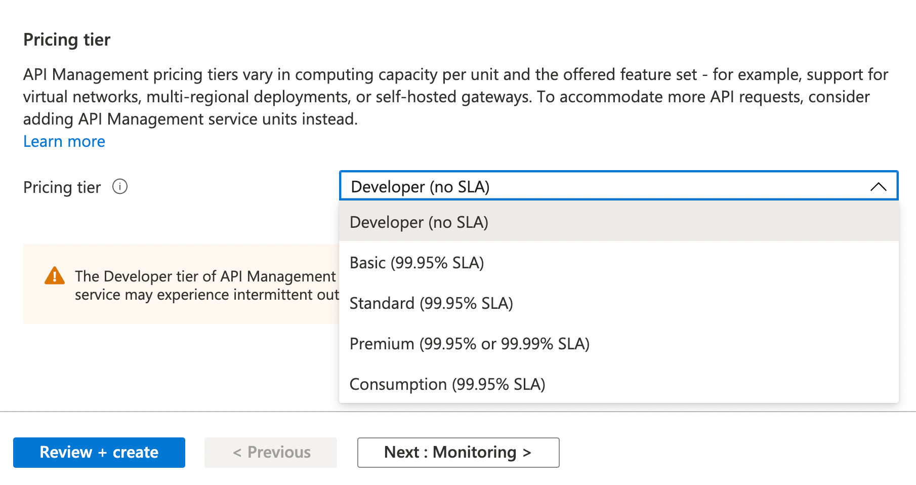 Showcasing the API Management Pricing Tier options Showcasing the API Management Pricing Tier options