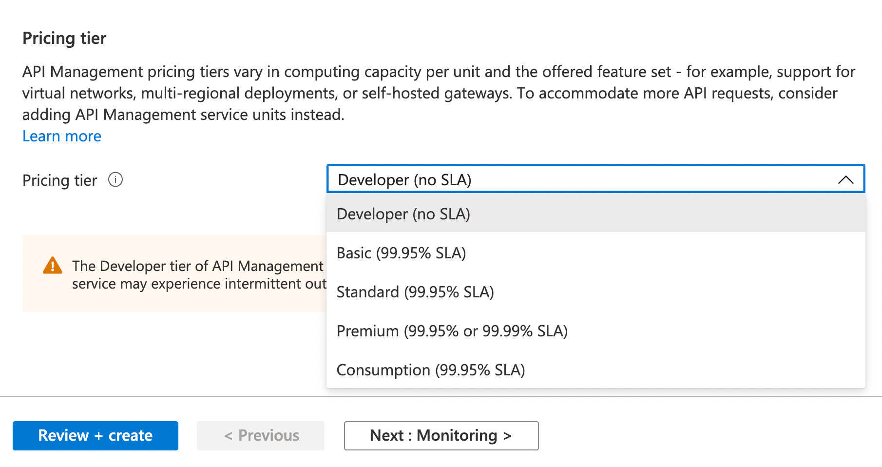 Showcasing the API Management Pricing Tier options